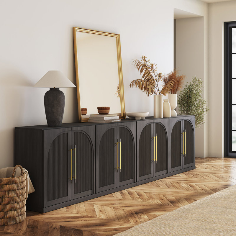 65" Sideboard with Double-Arc Wood Doors and Adjustable Shelves, Ebony, Ebony