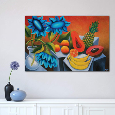 Fruits With Blue Flower by Dixie Miguez - Wrapped Canvas Print