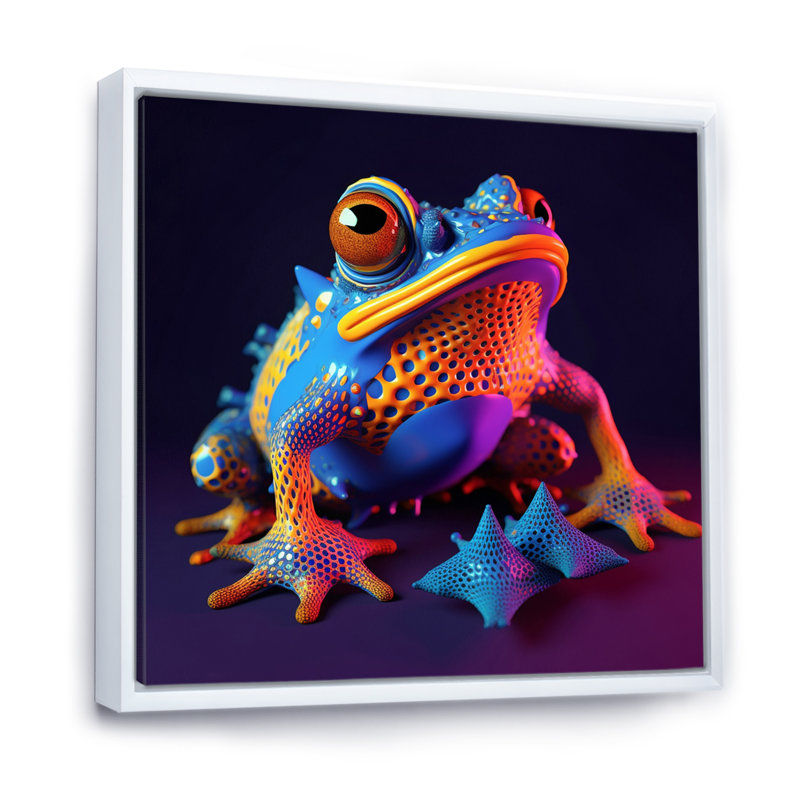 3D Neon Frog I - reproduction sur toile, Cadre flottant blanc, H 16 po x l 16 po x P 1 po