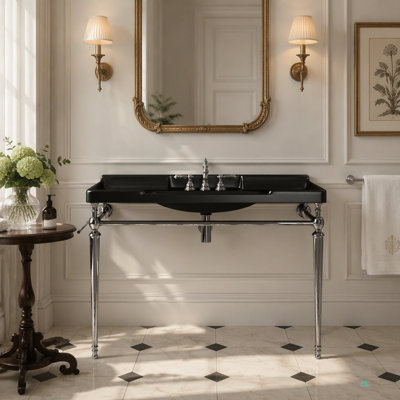 Console de lavabo de salle de bain de 122 cm (48 po), lavabo mural en céramique avec 3 trous pré-percés pour robinetterie, pieds de support autoportants en acier inoxydable avec porte-serviettes, robinetterie et couvercle de lavabo non inclus.