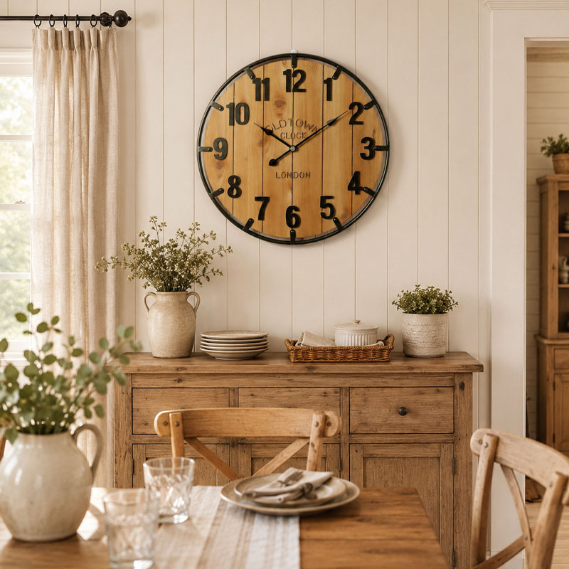 Horloge murale 30 pouces avec cadre en bois et anneau en métal