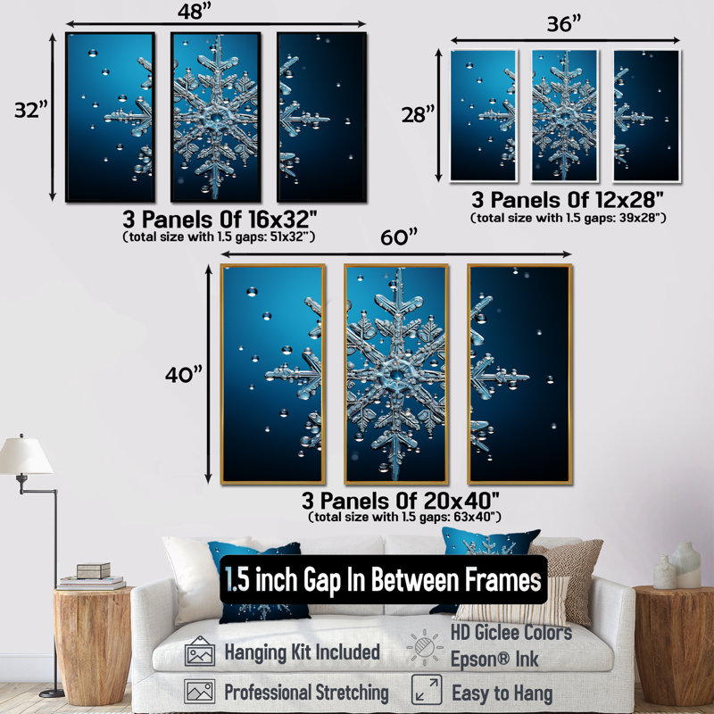 «Blue Snowflake Holiday II - Winter Landscape», art mural, H 32 po x l 48 po x P 1 po, Cadre flottant doré