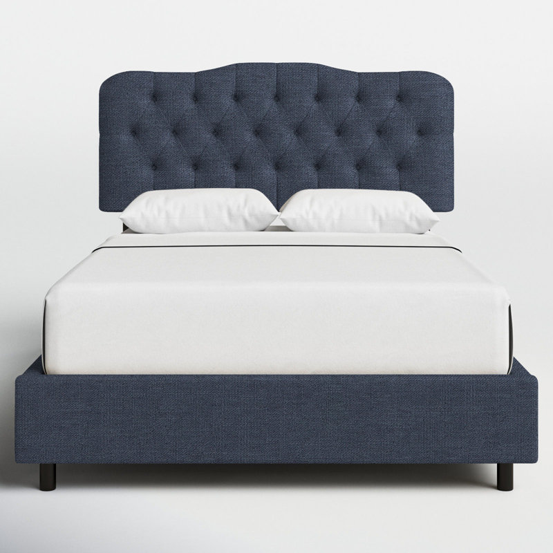 Lit tapissier standard à profil bas Rodan, Reine, Lin bleu marine classique