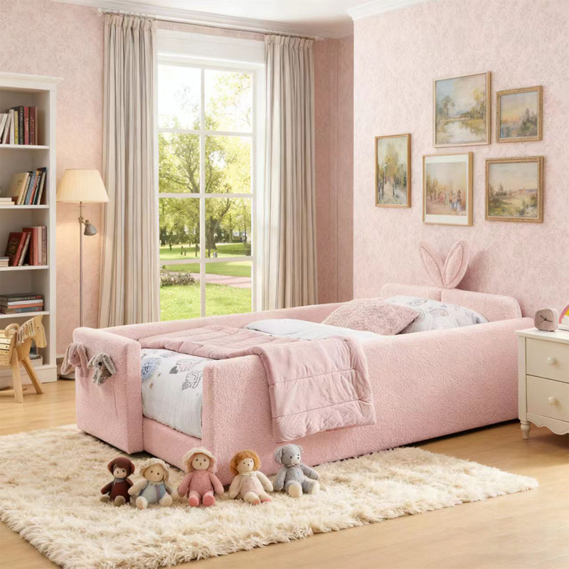 Upholstered Platform Bed With Cute Rabbit Ear Shaped Headboard, Safety Rail, And Pocket, Boucle Fabric, Pink