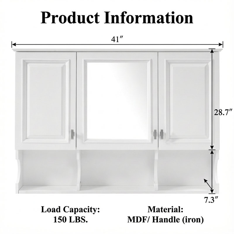 Armoire à pharmacie murale à miroir avec tablettes ouvertes et rangement dissimulé, tablette intérieure réglable pour l'organisation de la salle de bain, de la chambre à coucher ou du vestibule