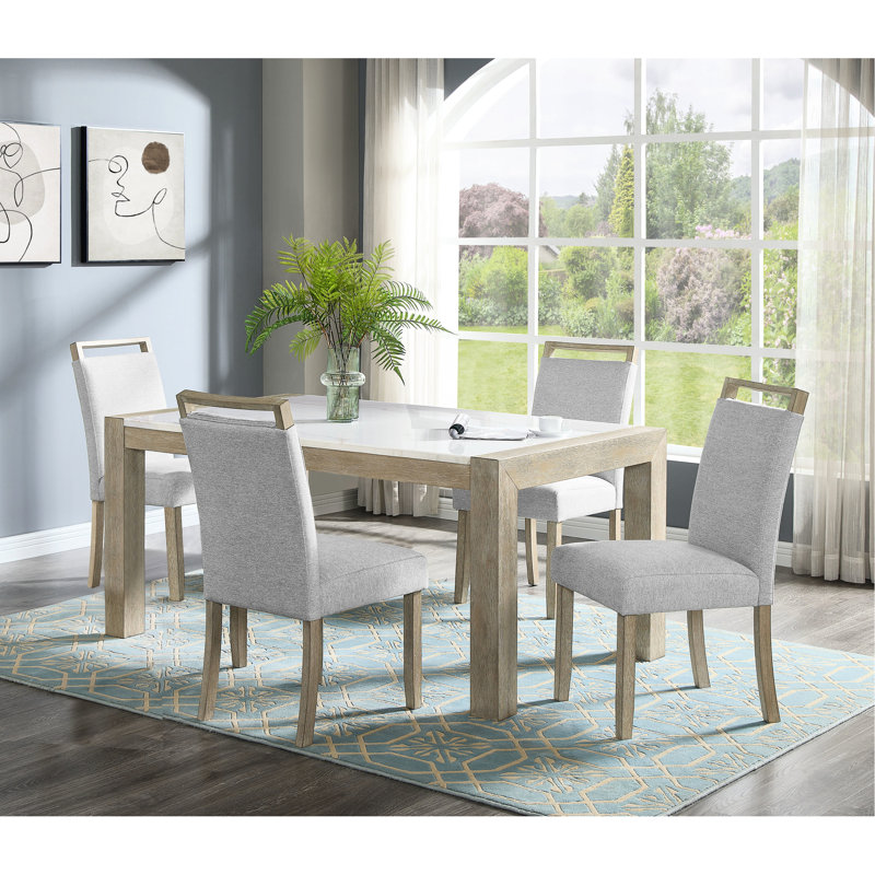 5 pièces, y compris une table rectangulaire en pierre de marbre et des fauteuils rembourrés classiques avec blanc