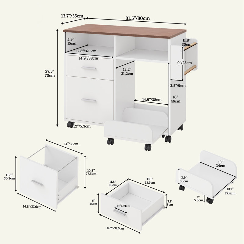 80cm Wide 2 -Drawer Mobile File Cabinet, White