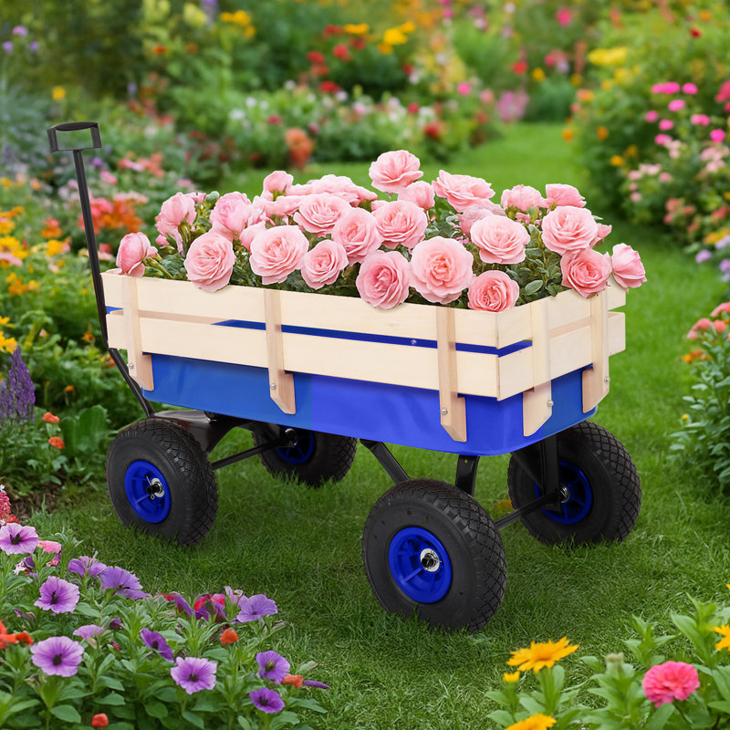 Chariot de jardin avec clôture et roues, Bleu