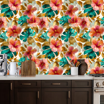 Peel and Stick Wallpaper Contact Paper Golden Sand Turquoise Hibiscus Palm Tropical Wall Art Self Adhesive and Removable 24in x 118in(60x300cm)