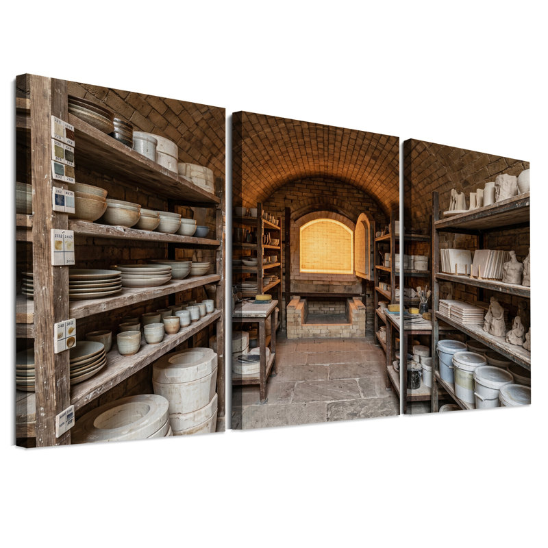 Ensemble de 3 toiles murales représentant un atelier de poterie voûté en briques avec un four incandescent