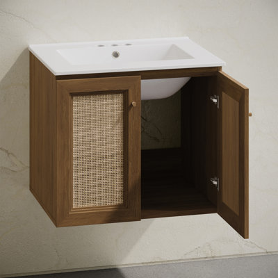 Meuble-lavabo mural 24 po en chêne brun avec trous de robinet central Classe