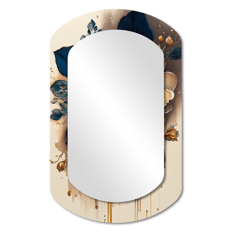 Yerger jaune et bleu foncé fleur de camélia I - miroir unique asymétrique Camellia, grand miroir mural jaune, impression sur métal