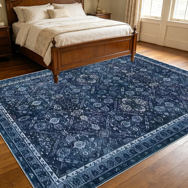 1PC vintage distressed bohemian navy blue geometric floral area rugs for Living Room, Soft and Comfortable, Suitable for all seasons, easy-to-maintain, machine washable Indoor floor mat, Under Table Farmhouse suitable for dining room, bedroom,