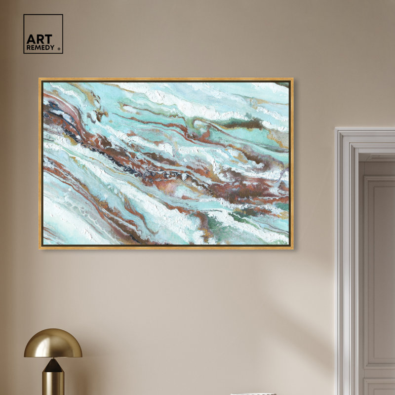 Mint and Gold Abstract Canvas Wall Art with Wooden Frame