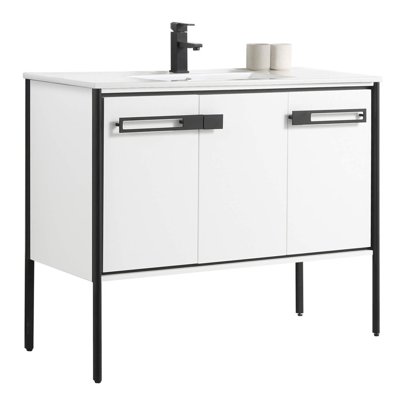 42" Single Bathroom Vanity, Matte Black, White Matte