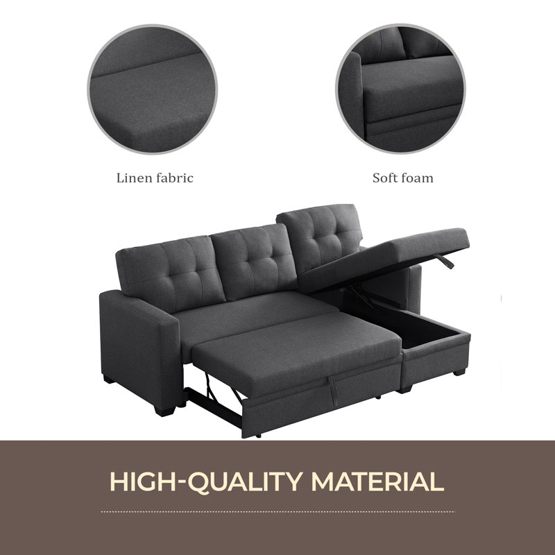Upholstered Pull Out Sectional Sofa With Chaise, Dark Gray Linen