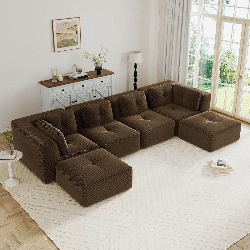 Canapé modulaire moderne en velours côtelé, canapé 4 places avec assise profonde et repose-pieds mobile 2, 151.9" W, Brown