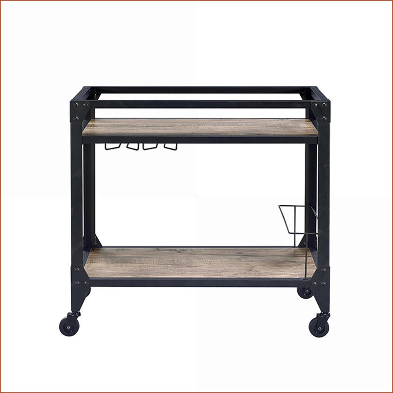 Chariot de service, chêne rustique industriel & amp; 2 tablettes de couleur gris anthracite avec porte-verres à pied | Chariots de cuisine | Industriel