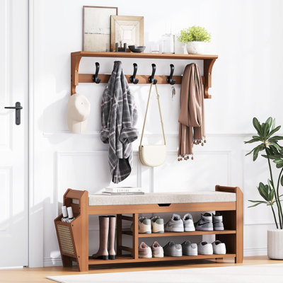  39.4" Bamboo Shoe Rack Bench with Coat Rack, 3-Tier Entryway Bench with Thick Cushion, Flip-Top & Side Baskets, Holds Up to 550 LBS for Hallway, Living Room, Bedroom