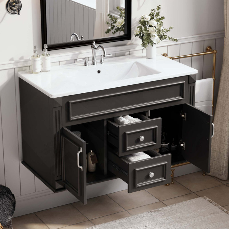 Armoire de salle de bain murale avec lavabo en céramique et tiroirs, meuble-lavabo simple de style français avec charnières à fermeture douce