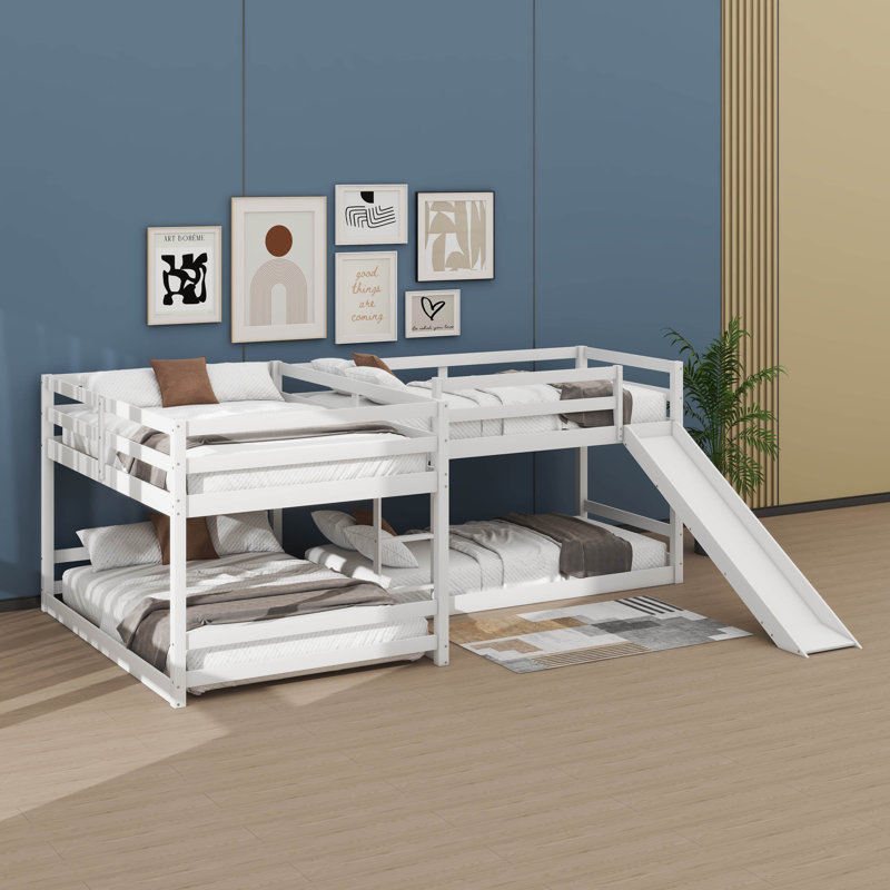Lit superposé en forme de L en taille double avec glissade et échelle d'accès compacte, Blanc