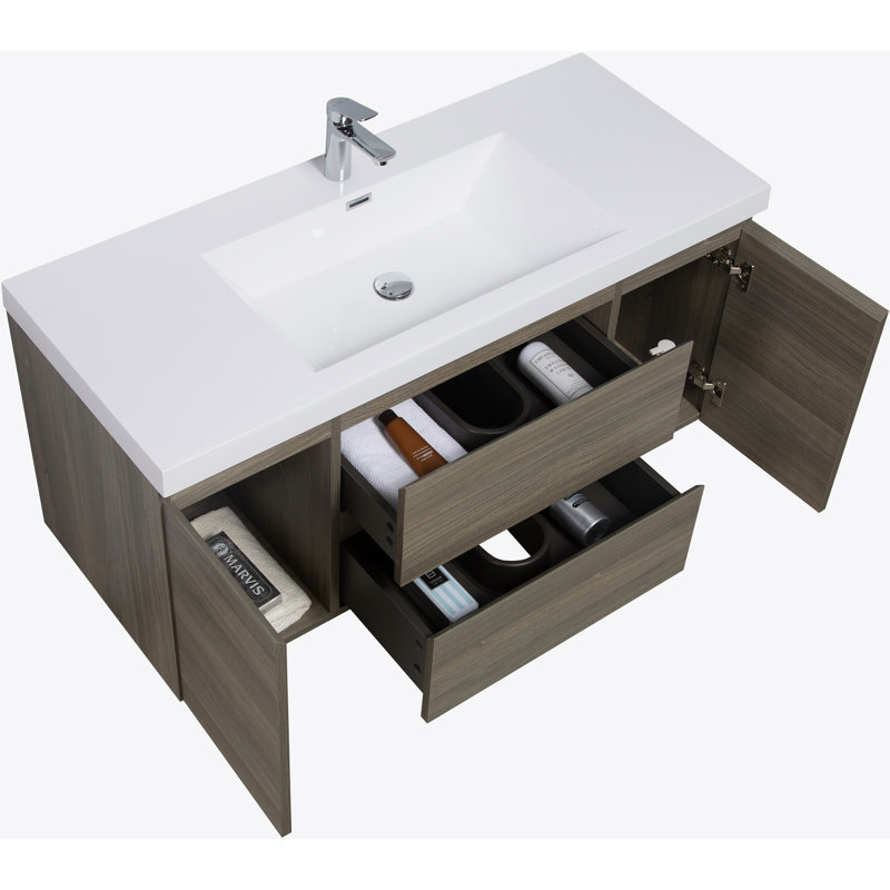 Meuble-lavabo mural de 48 po avec lavabo, meuble-lavabo mural moderne avec lavabo en résine et tiroirs à fermeture en douceur, 24V11-48AG