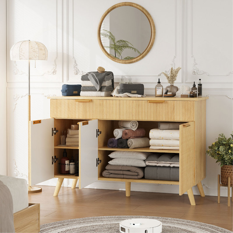 Kitchen Storage Cabinet with Drawers and Doors, Modern Fluted Sideboard Buffet Cabinet with Adjustable Shelves for Living Room