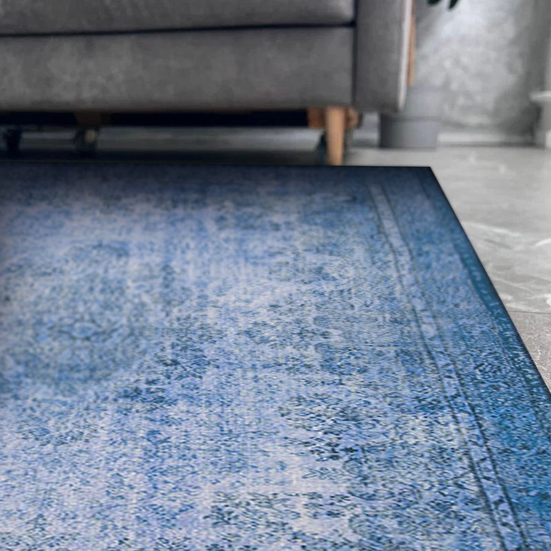 Vintage Look Woven Base Decorative Navy Blue Carpet, Round 5'