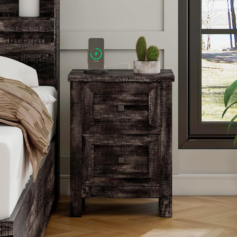 Nightstand With Charging Station, Farmhouse End Table, Dark Oak