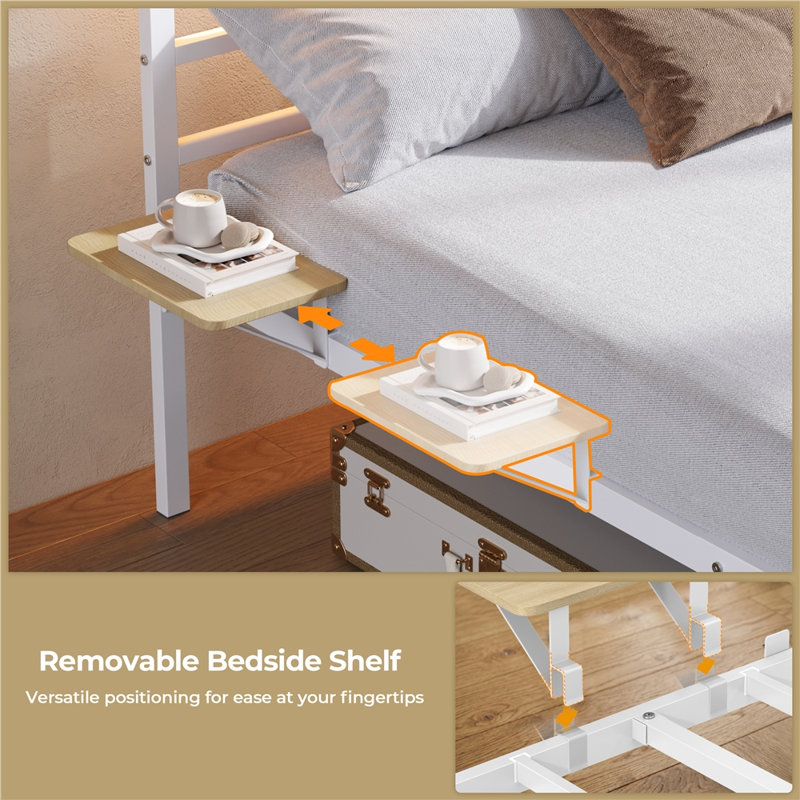 Metal Bed Frame with Charging Station & LED Headboard & Movable Storage Rack, Kingsize (5'), White