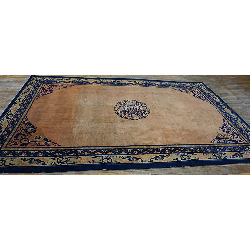 Floral Medallion 1920s Hand Knotted Pile Coral / Salmon Pink Wool Rectangle Antique Rug