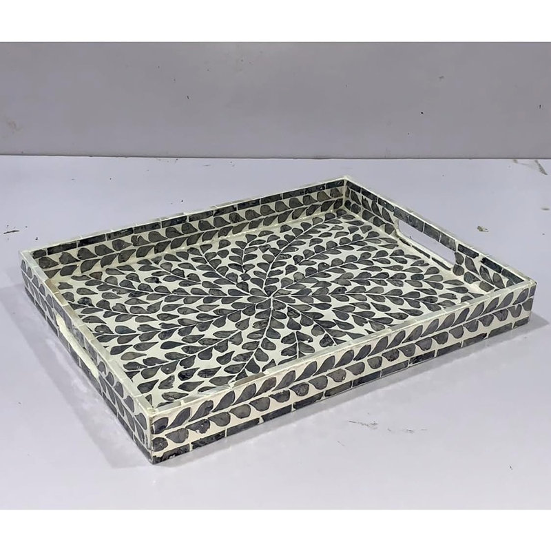 Plateau rectangulaire incrusté de nacre, plateau décoratif en bois avec poignées pour le thé, le petit déjeuner et la table