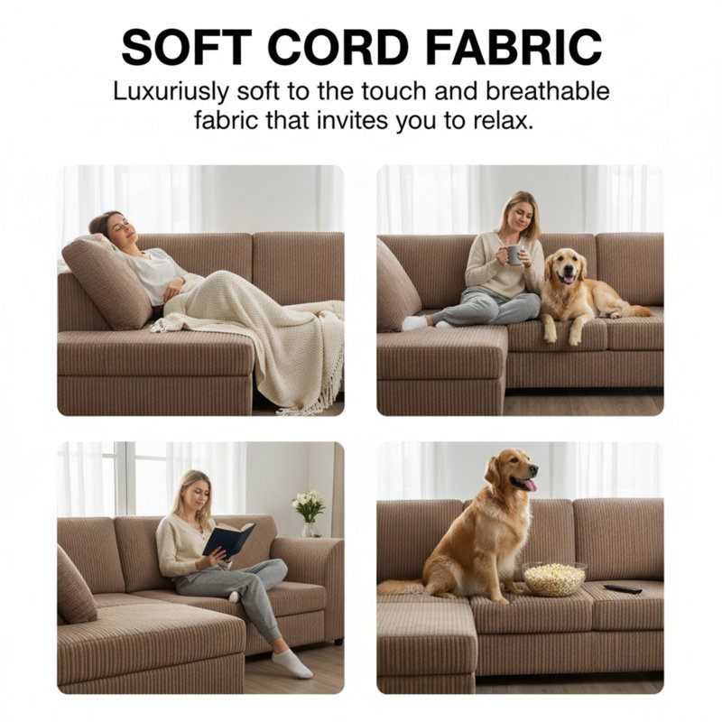 Jumbo Cord Hand Facing Corner Sofa With Footstool, Right Hand Facing, Beige