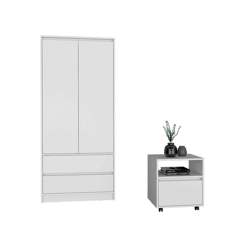 Ensemble de chambre à coucher 2 pièces, table de chevet et armoire, blanc