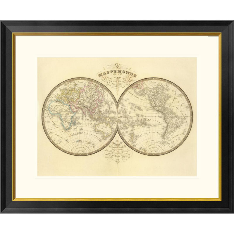 Mappemonde, 1849 par j. andriveau-goujon, impression encadrée, H 26 po x l 32 po x P 1,5 po