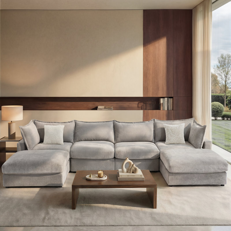 158" Down Filled Modular Sectional Sofa With Storage Ottomans, Grey, Gray