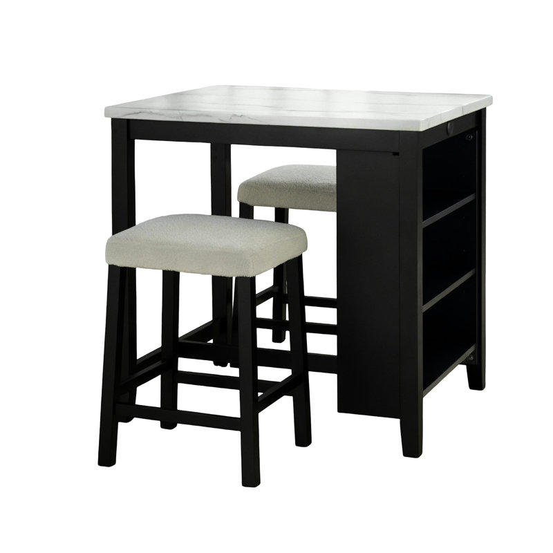 Table de salle à manger transitionnelle 3 pièces: table rectangulaire avec rangement, 2 tabourets en noir blanc