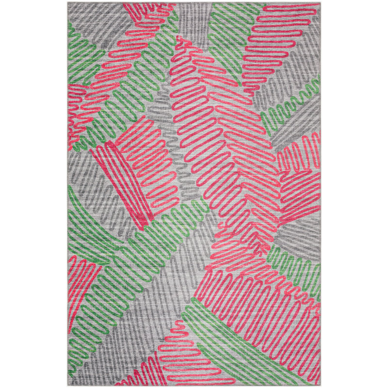 Tapis rose / gris / vert abstrait tissé à la machine, Rectangle 5 pi x 7 pi 6 po