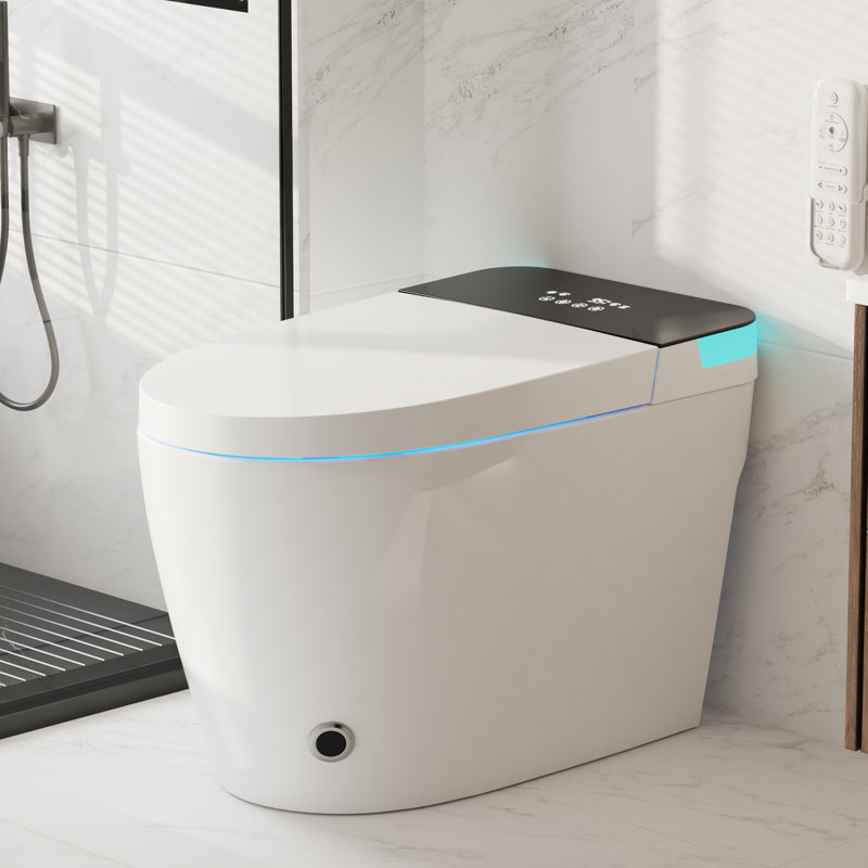 Toilette intelligente CRESTLE avec bidet, allongée, 17,5 po de hauteur ADA, couvercle à ouverture / fermeture automatique, mode ECO, stérilisation UV, pré-brumisation, chasse d'eau automatique / de secours 1,2 GPF avec score de 1000 g MaP, laveuse / sécheuse chaude, siège chauffant, veilleuse , Télécommande