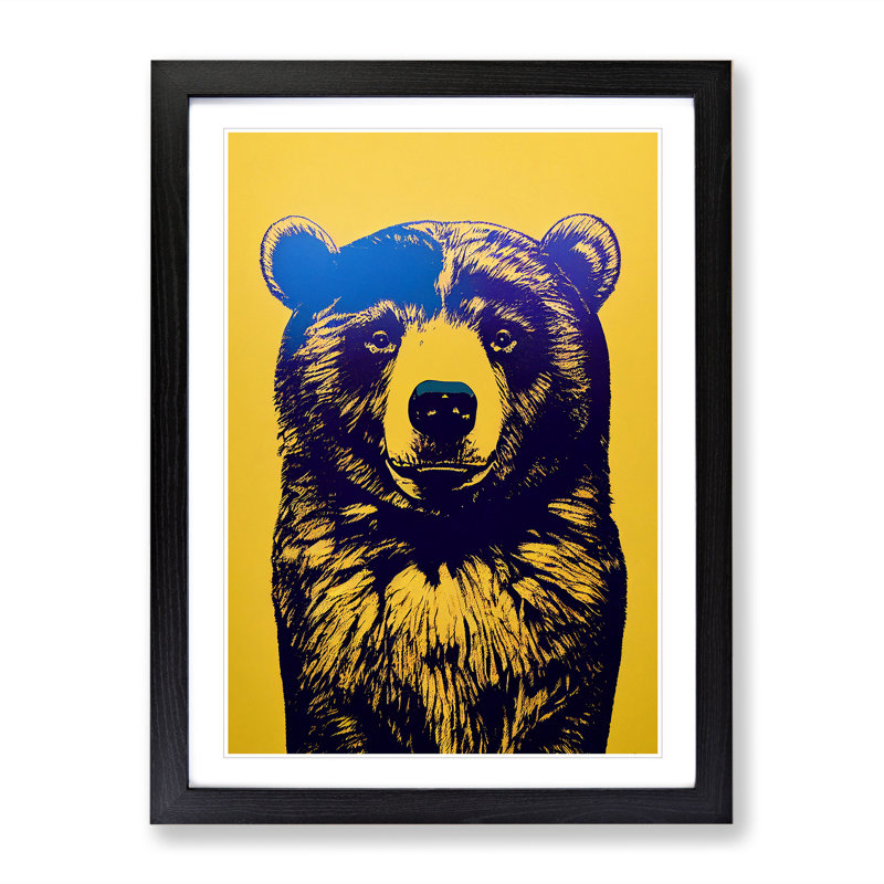 Block Print Bear - Wall Art, Black Framed, 66cm H x 48cm W x 2cm D, White