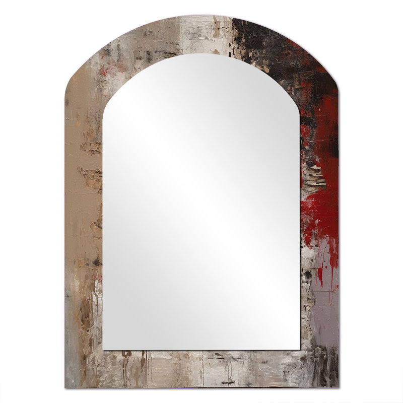 Fading Passion abstrait en rétro beige et rouge I - grand miroir arqué avec peinture abstraite, miroir mural décoratif asymétrique moderne, impression sur métal