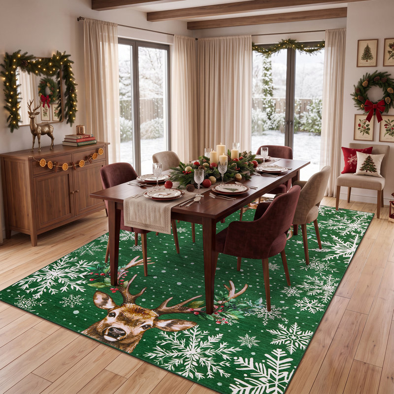 Tapis de Noël à motifs de rennes et de flocons de neige, antidérapant, antitache, lavable à la machine, pliable, idéal pour la décoration intérieure des fêtes de fin d'année.