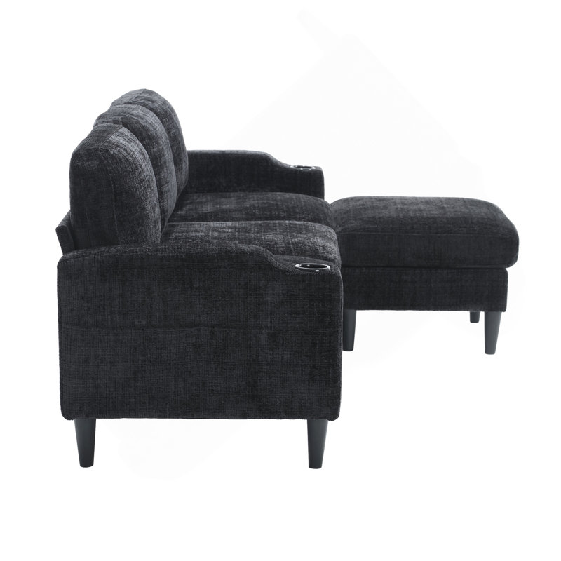 Sofa For Three, Solid Wood Frame, Chenille Fabric, Side Pocket, With Two Cup Holders, Footstool With Storagestorage Sofa /Living Room Sofa Cozy Sectional  Sofa