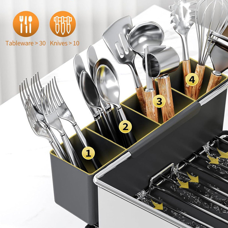 Black Stainless Steel Expandable Foldable Dish Drying Rack with Utensil Cup