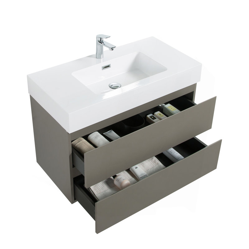 Meuble-lavabo de salle de bain avec lavabo, grand meuble-lavabo flottant mural pour salle de bain moderne, lavabo une pièce sans drain ni robinet, pré-assemblé