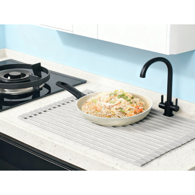 Over Sink Foldable Dish Drying Rack With Silicone Wrapped Stainless Steel Roll-Up Design For Easy Storage And Countertop Use