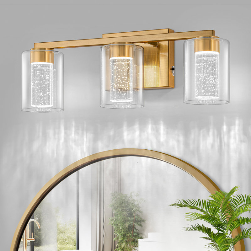 Éclairage pour salle de bain 3 lumières en laiton avec 3 modes de couleur et abat-jour en verre transparent, 3, Laiton