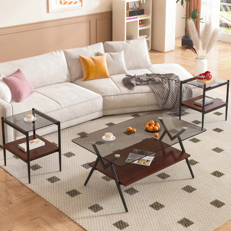 Ensemble de 3 tables basses et tables de bout avec verre trempé gris - moderne