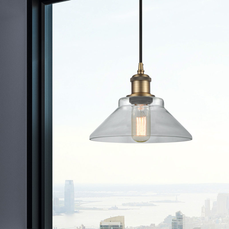 Luminaire suspendu conique 1 lumière Reede, Laiton brossé, Transparent