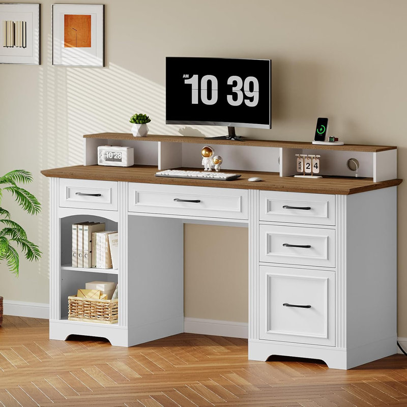 58" Executive Desk Farmhouse Computer Desk with Power Out and Drawers Wooden Office Desk with Monitor Stand